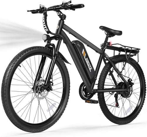 ESKUTE Electric Bike for Adults – 27.5 Mountain E-Bike, 21-Speed, 1200W Peak Brushless Motor 28MPH, 48V 10.4Ah Removable Battery, Up to 55 Miles Range, Step Over Commuter E-MTB,Black with Guard&Rack