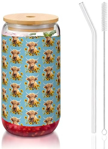 YBGHDAA Bonito vaso con estampado de vaca, 1 unidad, con tapas y pajita, vasos de vidrio de 473 ml, ideales para whisky, cerveza, té