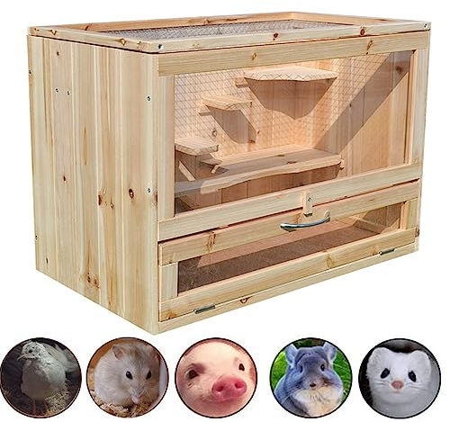 Marsvinsbur – hamsterburar, för dvärghamster, marsvin, chinchilla, 2-nivåer öppningsbar topp, utdragbar bricka, råttbur kaninbur trä hamsterburar och livsmiljöer