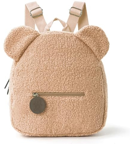 Hernin Mochila Escolar Mini para Niños Pequeños Mochila Infantil de Peluche con Osito Mochila Mini Peluda para Niños de Guardería para Colegio (felpa-caqui)
