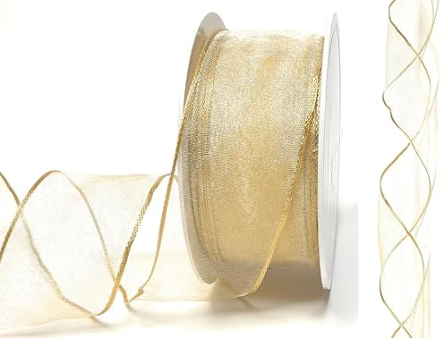 s.dekoda Schleifenband Organza 25m x 40mm Honig - Gold Organzaband mit formbaren Drahtkanten Geschenkband [D3142-126]