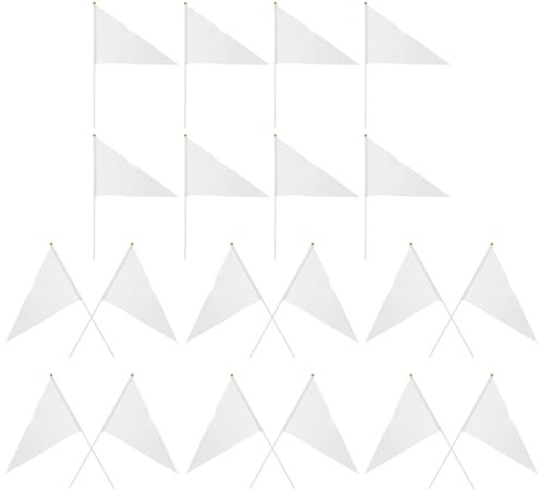 FONDOTIN 20 Pezzi 20 Pezzi Bandiere Triangolari Bianche Portatili in Plastica Solida con Bastone Resistente alle Intemperie, Piccole Bandiere Decorative Compatte per Feste, Competizioni e