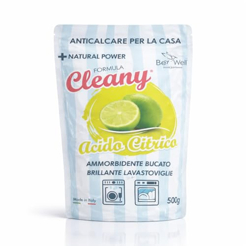 CLEANY Acido Citrico per Pulizia, Anidro, in Polvere, Puro, Ecologico, Multiuso, Anticalcare, Brillantante, Disincrostante, Decalcificante, Acido Citrico Lavatrice e Lavastoviglie, 500g