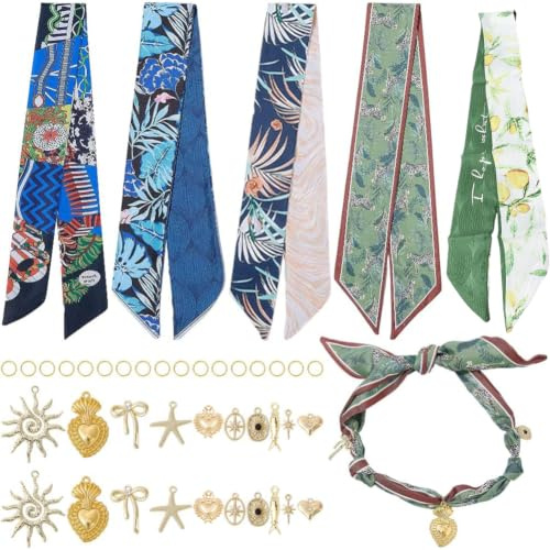 BEAMARKER BRICOLAGE Collier Écharpe avec Charms 5 Bandana Collier avec 20 Arc Cœur Or Étoile Soleil Étoile de mer Pendentif 30 Anneaux de Saut Bohème Bijoux Réglable Collier Écharpe Femme Homme Fabric