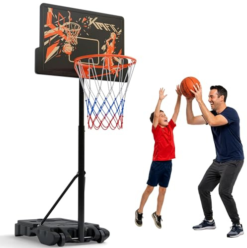 KM-Fit Basketballkorb Outdoor für Kinder & Einsteiger | Mit Ständer höhenverstellbar 110–210 cm | Mobiler Basketball Korb mit Rollen & Ballablage | inkl. 2 Netze