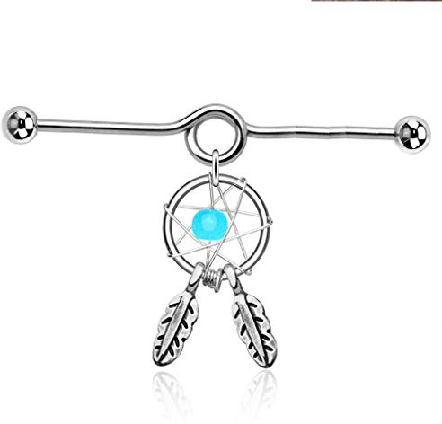 Paula & Fritz® Industrial Ohr-Piercing Stab Traum-Fänger Feder Chirurgenstahl 35mm Stab-länge 1.6 mm Stab-Dicke Silber Aqua Barbell Bar