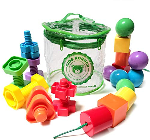 Jumbo Beads & Bolts Game Set - 2-in-1 Fine Motor Matching Educational Stringing & Twisting Toys for Toddlers with 12 pc Lacing Beads and 12 pc Nuts & Bolts, Toy Storage & Learning Activities eBook