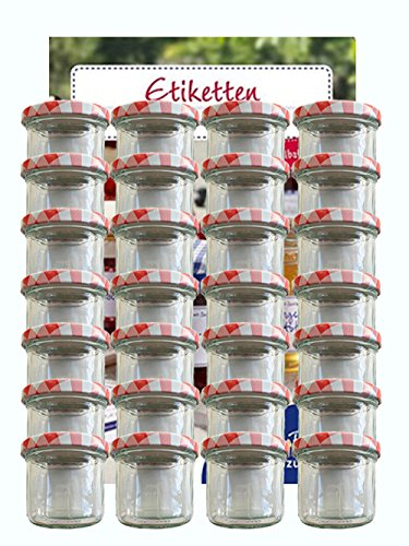 hocz Vorratsgläser-Sturzgläser Set | Menge 25 Stück | Füllmenge 125 ml | mit Schraub-Deckel Deckelfarbe Rot Karriert 25 Etiketten | für Marmeladengläser Haushaltsetiketten beschriften Gläser