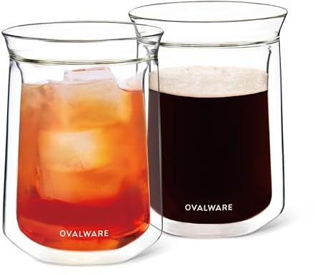 ovalware Double Wall Single Lip Insulated Glass Cup, Set of 2 (12oz / 350ml) - Borosilicate Glass For Coffee, Tea, Whiskey, Cocktails & All Beverages - Minimalistic & Durable Double-Wall Drinking Mug