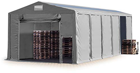TOOLPORT Lagerzelt Industriezelt 8x12 m Zelthalle mit Oberlicht 3,6m Seitenhöhe PVC Plane 850 N grau wasserdicht Ganzjahreszelt mit Hochziehtor