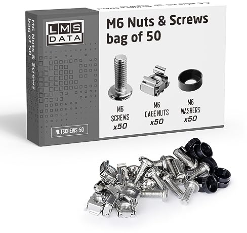 LMS Data M6 Cage Nuts Screws and Washers Set -Assortment Nuts and Bolts Kit for Rack Mount Data Cabinets, Server Shelves Fixing and Installation (Nickle, 50)
