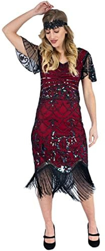 Ro Rox Gabrielle 20s Gatsby Flapper Dress Sequin Fringe Evening Prom Cocktail, Red, XS