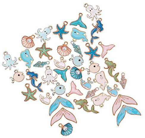 SUNNYCLUE 1 Box 40 Stück 10 Stile Ozean Charms Set Meerjungfrau Walschwanz Spirale Muschel Seesterne Oktopus Fische Legierung Emaille Charms Anhänger Für DIY Ohrringe Halskette Armband Zubehör