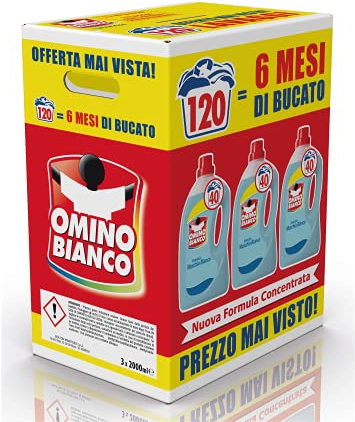 Omino Bianco - Detersivo Lavatrice Liquido, 120 Lavaggi, Rispetta Colori e Tessuti, Fresco Profumo con Essenza di Muschio Bianco, 2000 ml x 3 Confezioni