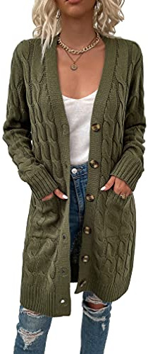 Skrsila Damkofta lång kofta med fickor stickad kappa långärmad knappslå stickad kofta öppen front höst vinter stickad kappa, Kläder Dam, Grön, S