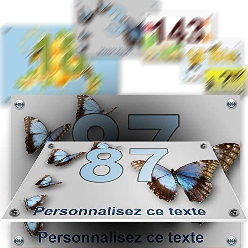 Grande plaque PVC numéro maison décorative - pour rue, garage, porte, et boite aux lettres - collection papillon : 2 lignes personnalisables