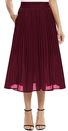 EXCHIC Femmes Décontractée Mousseline de Soie Élastique Taille A Ligne Plissé Midi Jupe avec Poche (XL, Vin Rouge)