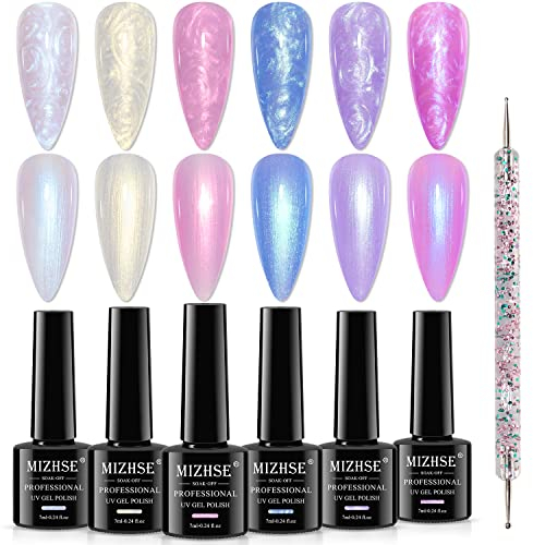 MIZHSE Pearl Gel Nagellack Set - 6 Farben Spirale Schimmer Effekt UV Set 7ml Mit Thread Shell Maniküre LED Soak Off