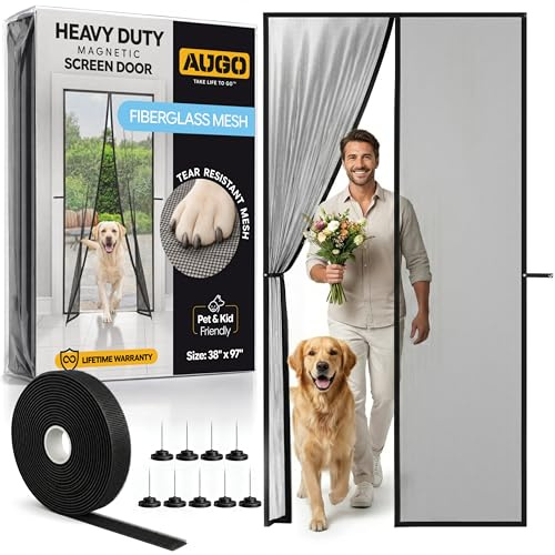 AUGO Fiberglass Magnetic Fly Screen Door - Self Sealing, Heavy Duty, Hands Free Mesh Net Partition Keeps Bugs Out - Pet and Kid Friendly - Patent Pending Keep Open Feature - 97 x 247cm