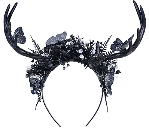 MOSTORY Fascia per capelli con corna di cervo nera fatta a mano, stile gotico, corna di renna, elfo, corona per capelli, da donna, per Halloween, cosplay, carnevale, matrimoni, feste nuziali, colore