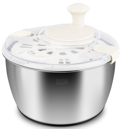 RAINBEAN Salad Spinner Stainless Steel Large, Multi-Use Lettuce Spinner Wash Spin and Dry Fruits and Vegetables with Drain Bowl Colander Spinner (5 Qt)
