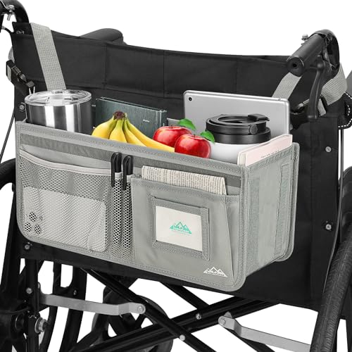 supregear Panier Fauteuil Roulant pour le Dos, Sac Organisateur de Sac à Dos pour Fauteuil Roulant de Grande Capacité Étanche avec Plusieurs Poches et Porte-Gobelet pour les Personnes Âgées, Gris