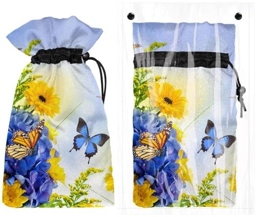 Bouquet - Funda para grifo de invierno con diseño de hortensias azules y mariposas con fondo de flores para exteriores, 28 cm de alto x 17 cm de ancho, bolsa protectora de congelación para grifos de