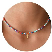 TINGN Collier de Perles Colorées pour Filles de 10 Ans - Collier Initiale avec Lettre T - Bijoux Boho d'été pour Adolescentes