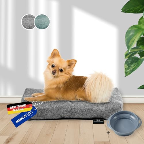 Rohrschneider Hundebett Made in EU | Hundematte mit Anti-Rutsch | strapazierfähiges Hundekissen kleine, mittelgroße & große Hunde | Katzenbett | inkl. Futternapf | Gr.1 (grau, 47 x 30 x H 7 cm)