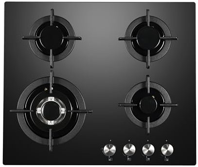 Cookology GGH606BK Gas Hob on Glass - 60cm Built-in 4 Burners - Powerful Wok Burner and Cast Iron Pan Supports - Auto Igniton - In Black