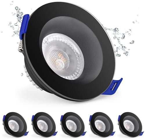 KYOTECH Spot LED Encastrable 230V 5W IP65, Spot Encastrable 68-75mm, Extra Plat Spot Salle de Bain Blanc Neutre 4000K, Spots de Plafond Pour Salle de Bain, Salon, Cuisine, Couloir, Rond Noir Lot de 6