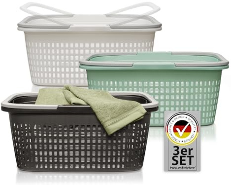 Hausfelder Wäschekorb Set, 3er Set, 35 l | 3er Set, 35 l, für Bad & Haushalt, stapelbar, mit Henkel, Wäschekorb, Wäschewanne, Griffen