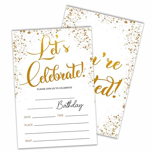 luixd Let's Celebrate! Gold Confetti Birthday Invitations With Envelopes, 20 Double-Sided Fill In Style Birthday Party Invites For Women & Men, Party Favor & Decoration - A03