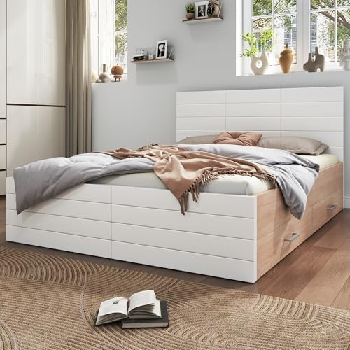 REXO Doppelbett Holzbett Bettanlage 140×200cm mit 2 Schubladen,Modernes Bett inkl. Bettgestell &Lattenrost-207×80×145cm (L×H×B) Set in Eiche/Weiß(Mit Matratze)
