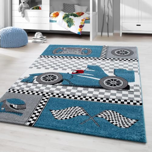 HomebyHome Kinderteppich Rennauto Blau 80x150 cm Läufer für Jungenzimmer Weich & Allergikerfreundlich Spielteppich mit Rennwagenmotiv
