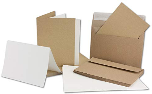 100 x Kraftpapier Faltkarten-Set DIN C6 /A6 - Doppel-Klappkarten + Einlegeblätter in creme mit Umschläge C6 - Vintage-Naturpapier - braun