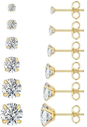 6 Pairs Stud Earrings Hypoallergenic Cubic Zirconia 316L Earrings Stainless Steel CZ Earrings Set 3-8mm (Gold)