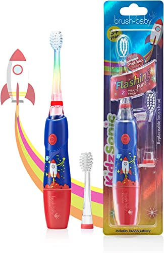 Brush-Baby - Rocket KidzSonic Kids Electric Toothbrush, 3+ Years - DeepClean Bristles, Suction Base - Fun Design with Flashing Disco Lights - 2 x Replacement Heads & 1 x AAA Battery