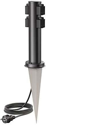 ledscom.de Columna de Enchufe de jardín PORU con Espiga de Tierra y 2m de Cable para el Exterior, 4 vías, Acero Inoxidable, Negro, Redondo, 38cm