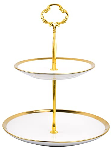 Supporto per Torta, 2 Livelli Alzata Torta, Supporto Rotondo per Dessert in Ceramica, Supporto per Cupcake, Torte Dolci Stand Frutta e Dolci, Frutta Piastra Supporto con Manico Dorato per Festa, Oro