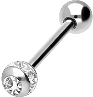 PIERCINGLINE Chirurgenstahl Barbell EPOXYRING KUGEL + KRISTALL Piercing Stab Brust Zunge Silberfarben Kristallklar 14 mm