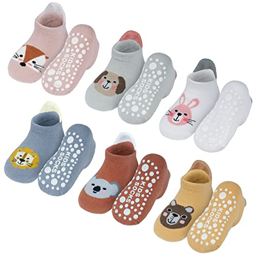 Vicloon Lot de 6 paires de chaussettes antidérapantes en coton avec imprimé animal, chaussettes antidérapantes thermiques pour bébé de 12 à 18 mois