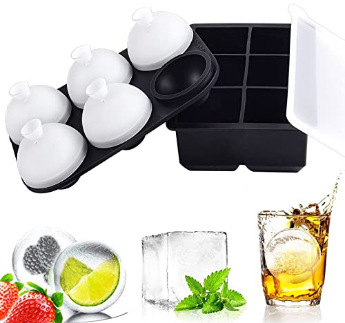 HONYAO Isbitsform Silikon, Isbollform Isbitsbehållare med Lock Stor 5cm Isboll & Fyrkant Maker Iskub Bricka Isboll Tillverkare för Whisky Cocktails Vin
