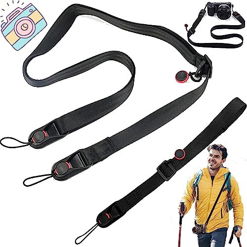 Benaton 2 Pièces Sangle Appareil Photo, Courroie Universelle Pour Camera, Sangle Appareil Photo Réglable, Caméra Courroie d'Épaule, Longueur Réglable, Noir(Bandoulière + Dragonne)