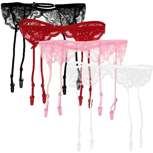 Satohom 3 pezzi Reggicalze sexy da donna trasparente con 4 clip regolabili G-string reggicalze corsetto in pizzo a vita alta perizoma per calze lingerie giarrettiere(Reggicalze+Perizoma+calze)