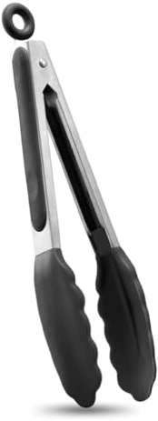 Kitchen Tongs, 9 Inch Stainless Steel Utensil Cooking Tongs with Pull Ring Lock System, Easy Grip Food Grade Silicone BPA Free for Cooking, Grilling, Frying, Serving