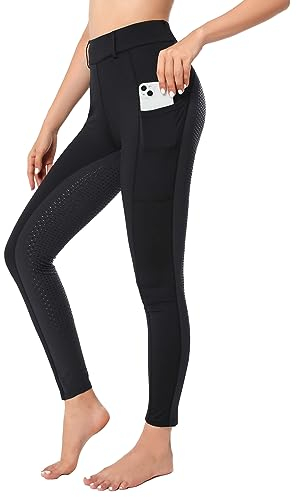 Havideto Reitleggings Damen Vollbesatz mit Handytasche, High Waist Reithose Damen Mädchen Stretch mit Gürtelschlaufen Schwarz+Grau M