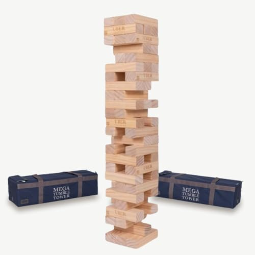 Ubergames Torre móvil gigante de hasta 200 cm XXL Jumbo Hi-Tower en una bolsa – 2,5 m (máximo en el juego). Juego de torre de madera de pino macizo – bloques de lujo adicionales y bolsa (hasta 200 cm)