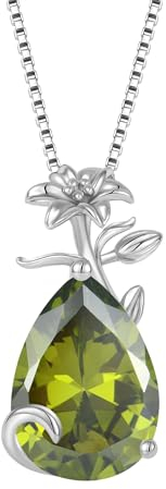 YL Damen Halskette 925 Sterling Silber Lilie Blume Anhänger Kette August Geburtsstein Peridot Grüne Zirkonia Halskette Birne Tropfen Schmuck Geschenke für Mutter Freundin