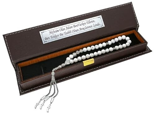 Tesbih mit Namen in Weiß - Naturstein Perlen mit Wunsch Anhänger, Geschenk für Männer & Frauen - Premium Geschenk mit Box - Anfertigung mit Wunschnamen - Gratis Armband inklusive